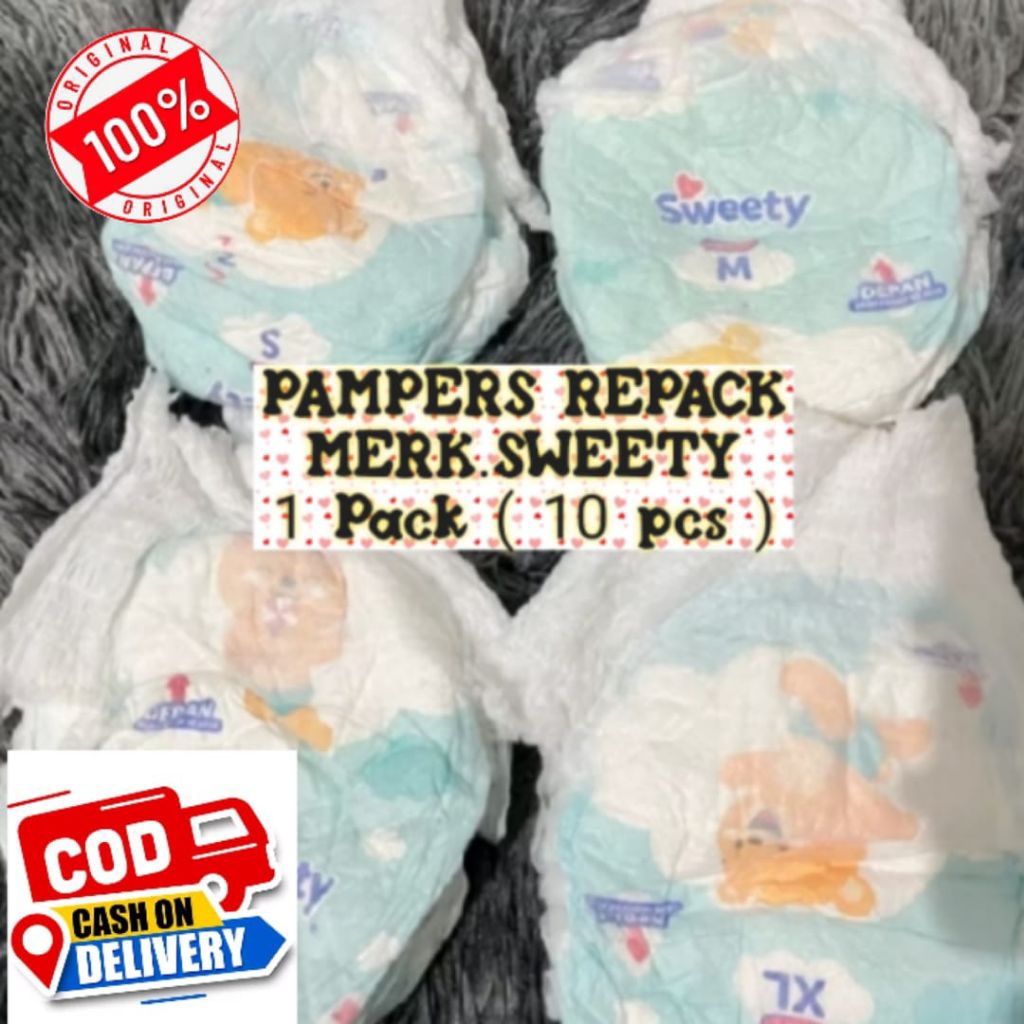 10 pcs.SIZE.M.PAMPERS MERK SWEETY REPACK/NON KEMASAN