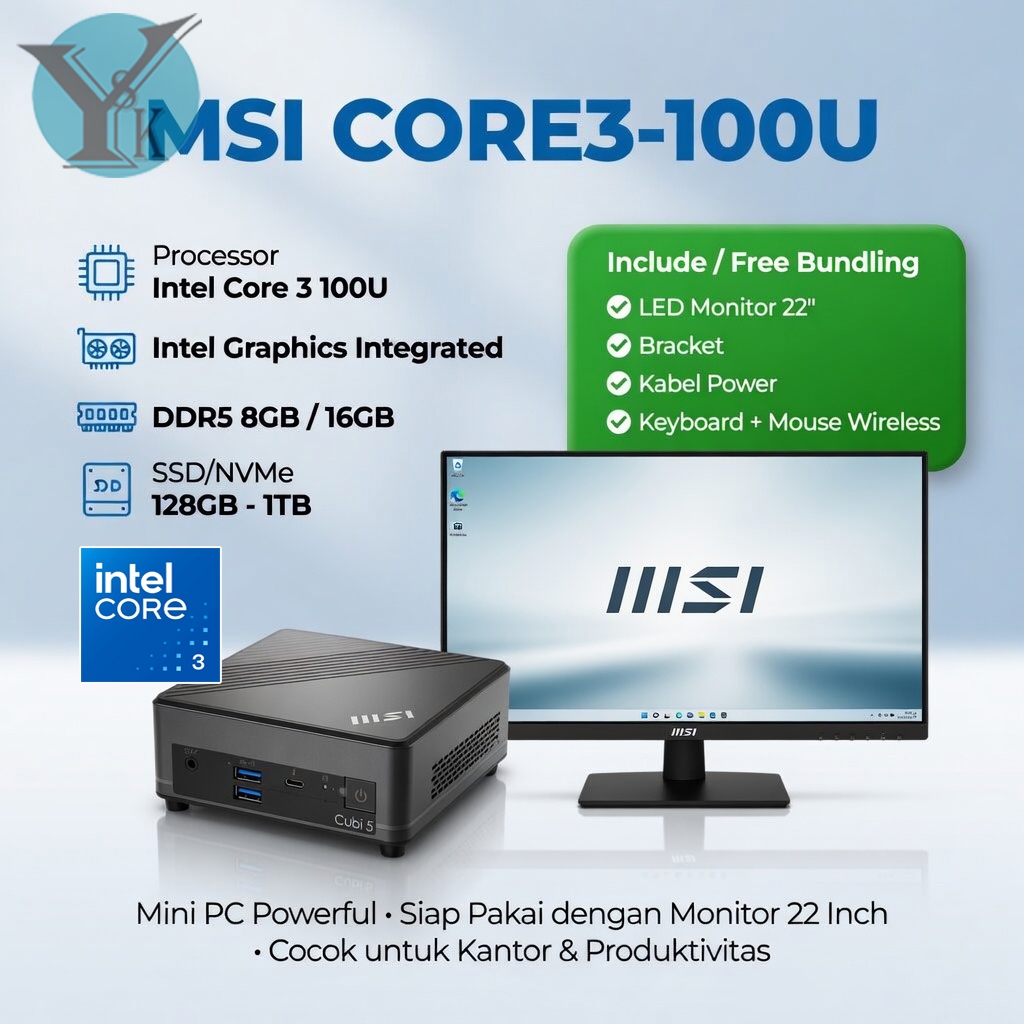 MSI Cubi NUC 1M Mini PC Intel Core 3 - 100U + LED MONITOR MSI 22" Fullset + Keyboard Mouse Wireless