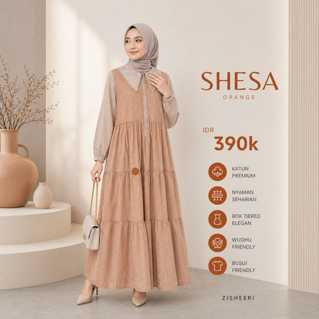 ZISHEERI Gamis SHESA Orange Dress Kondangan Syari Motif Stripe Bahan Katun Premium Custom Sesa Sesha