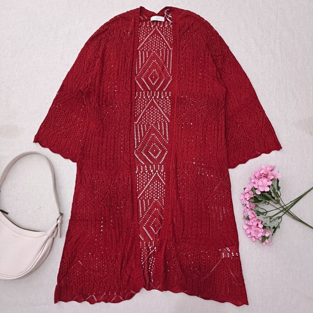 Outer Rajut Jaring Merah Maroon Panjang Boho Knit Cardigan Oversize Flow & Fixture