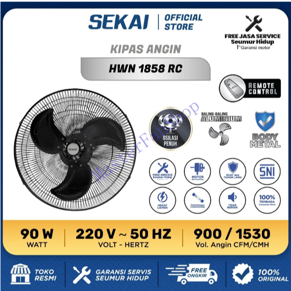 SEKAI HWN 1858 RC HWN1858RC Kipas Angin Dinding Tornado / Kipas Angin Gantung Remote Control 18 Inci