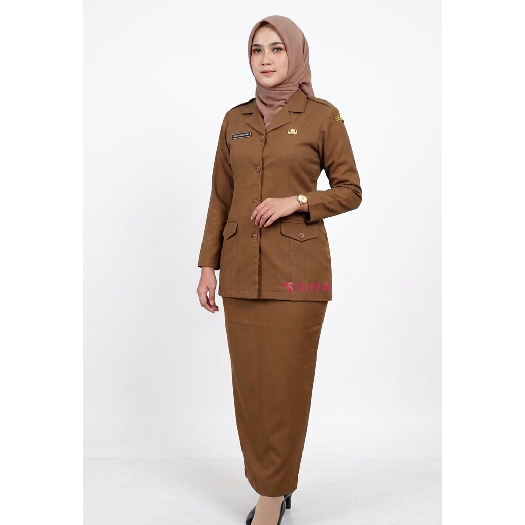 Baju Setelan Pemda Wanita Semi Blazer Baju PDH khaki. Seragam Pemda Keki Wanita.Rok span rempel bela