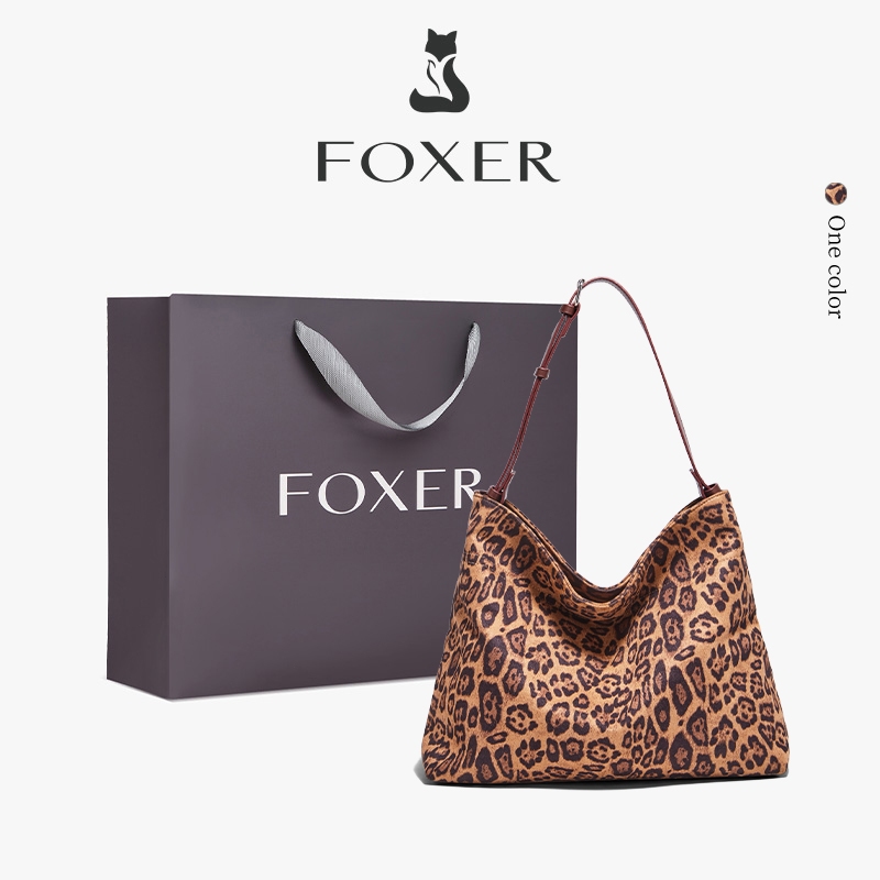 FOXER Tas Bahu Wanita Berkapasitas Besar Tas Selempang Motif Macan Tutul Klasik Tas Wanita Berbahan 