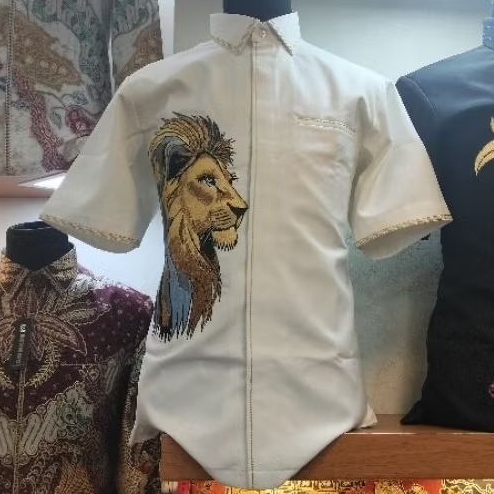 kemeja bordir manual,kemeja pria bordir warna putih motif macan