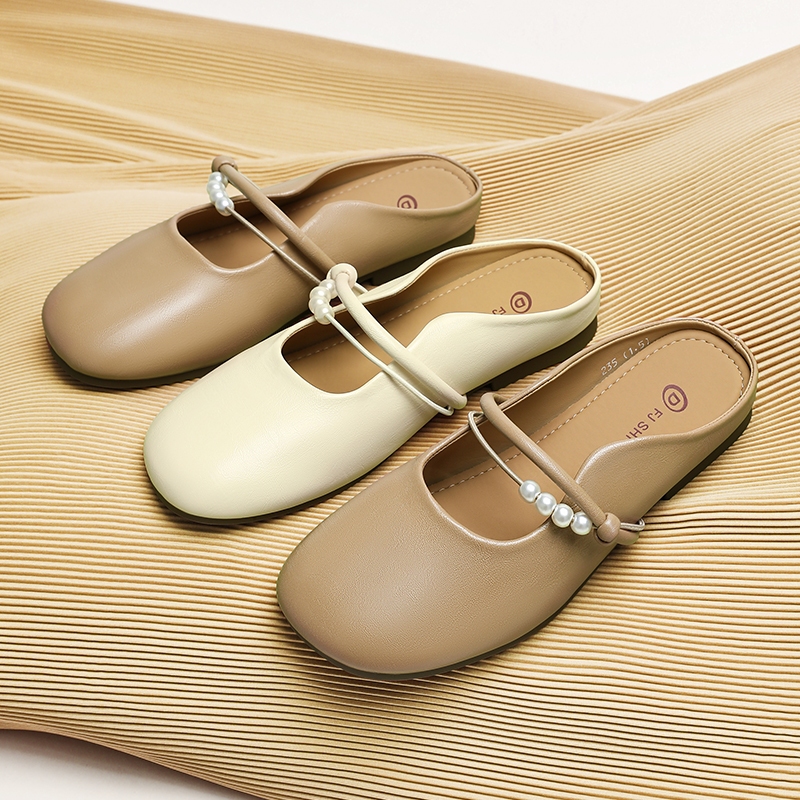 Sepatu Mules Wanita Flat Shoes Jepang Original / Sandal Slip On Kepala Bulat Elegan Casual LV48