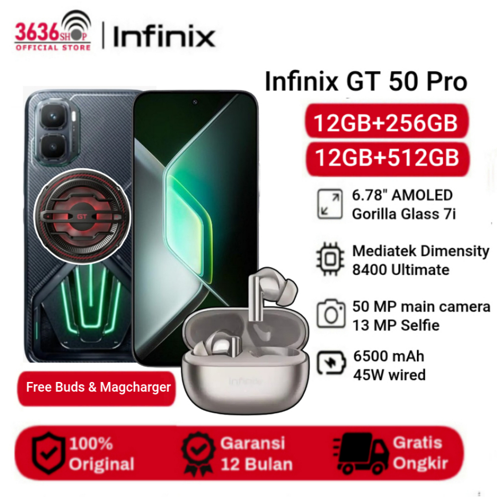 Infinix GT 50 Pro 5G FREE Buds N5 Pro & Magcharger Cooler [12GB+256GB] [12GB+512GB] Display AMOLED Size 6.78 inches - Mediatek Dimensity 8400 Ultimate - Camera 50MP - Battery 6500mAh - Garansi Resmi 1 Tahun