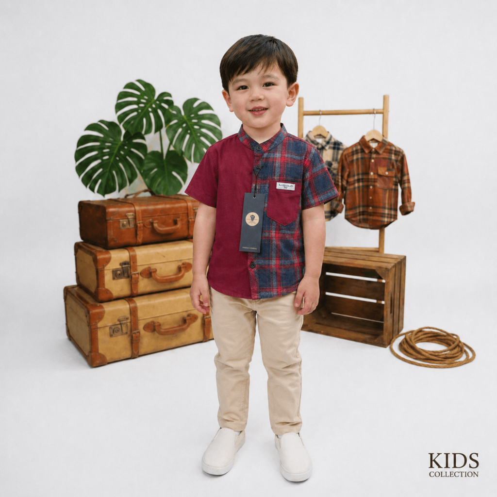Kemeja koko/Kemko Anak 1-13 Tahun Lengan Pendek Flanel Premium Motif Maroon Kotak Kombinasi By Libas