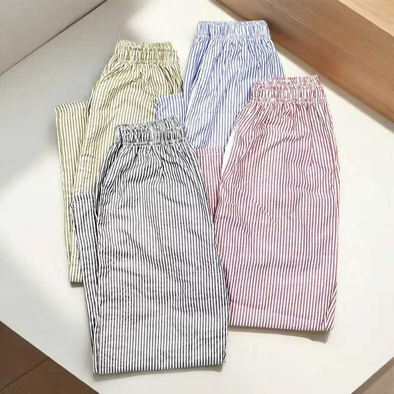Celana Panjang Wanita Highwaist - Pinggang Karet, Saku Praktis, Pola Garis-garis