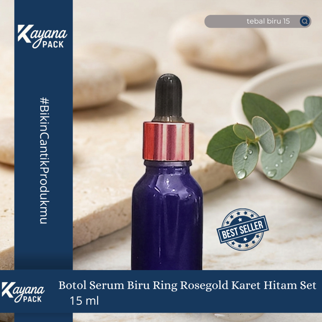 BOTOL PIPET TETES SERUM TEBAL BIRU 15ML RING ROSEGOLD KARET HITAM /  BOTOL TEBAL BIRU 15 ML (TEBAL B