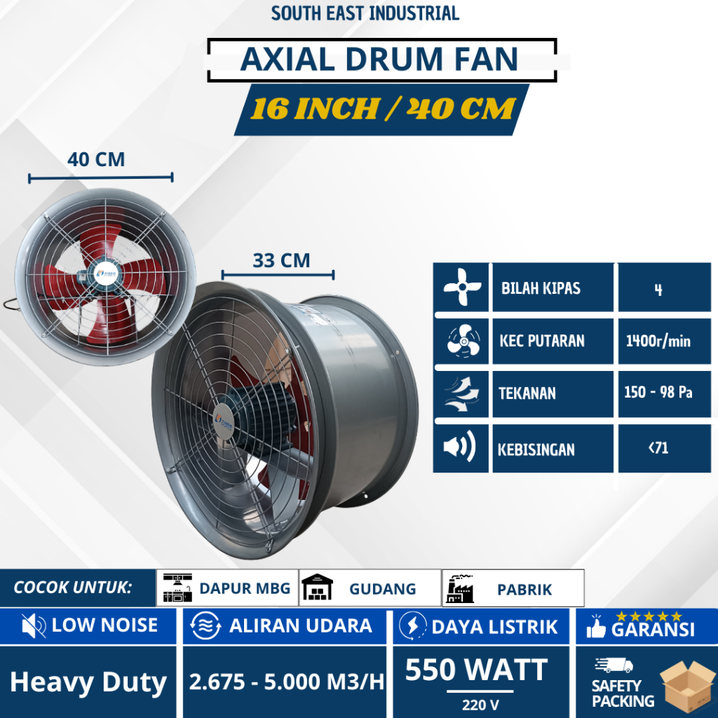 Axial Drum Fan 16 Inch 40 cm / Exhaust Blower Industrial Fan - Dapur MBG Gudang Pabrik Hood Plafon 5
