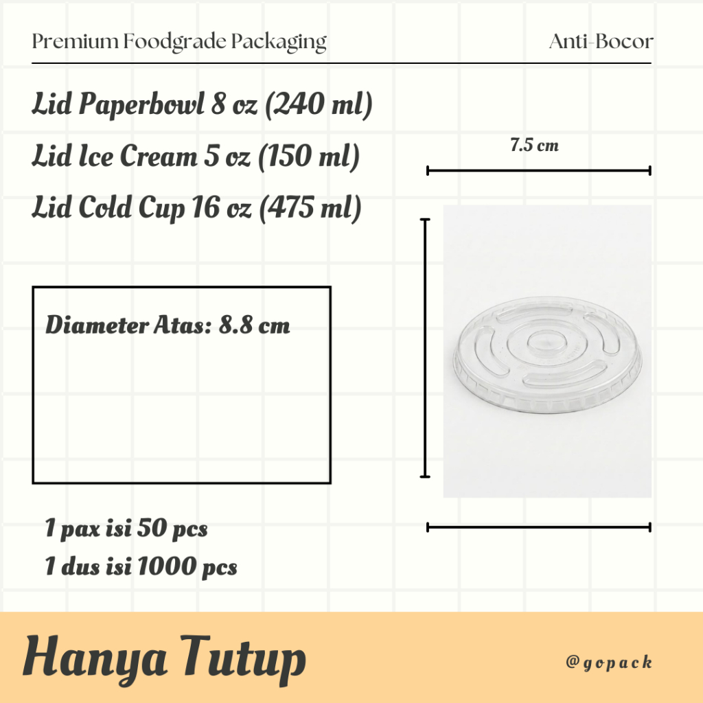 Lid Paper Bowl Tutup Mangkok 8 oz 240 ml isi 50 pcs / Lid Ice Cream 5 oz (150 ml) /Lid Paper Cold Cu