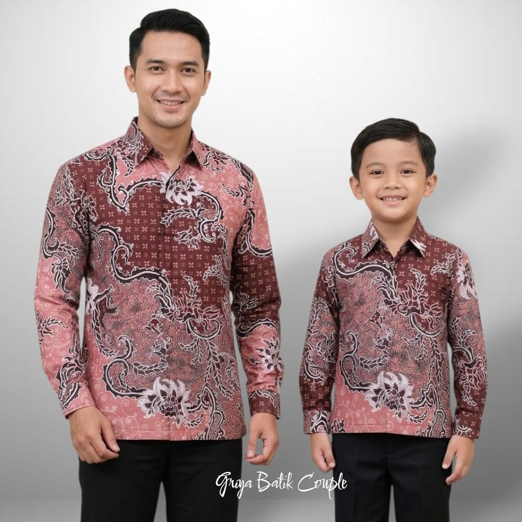 Batik Dusty Pink Couple Ayah Dan Anak Lengan Panjang Bahan Katun Solo Lapis Furing Premium Motif Ele