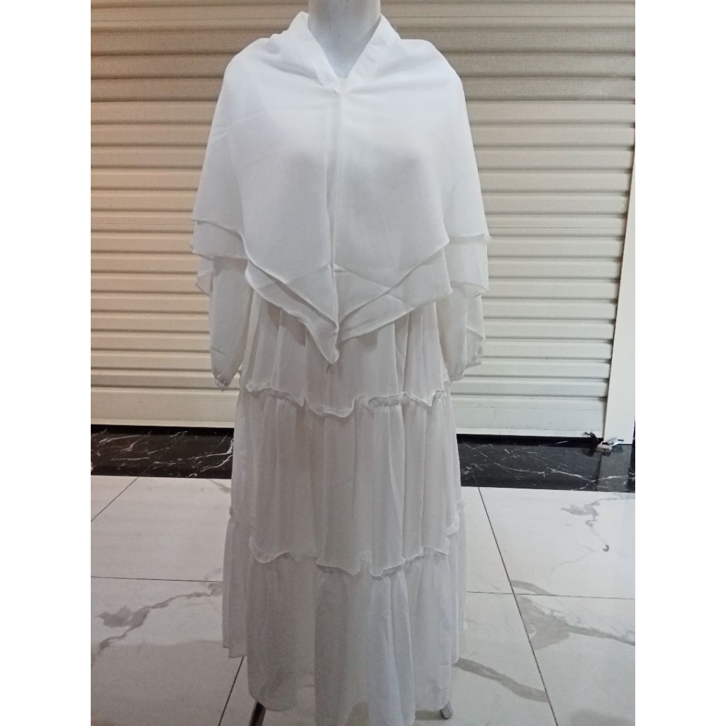 GAMIS ANAK TANGGUNG WARNA KHUSUS PUTIH BAHAN CERUTY PREMIUM TEBAL MIX RENDA FULL FURING LENGAN KARET