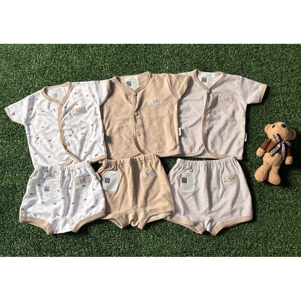 set 3 set 6 pcs baju pendek bayi new born 0-3 bulan merk fluffy fluffy baby wear