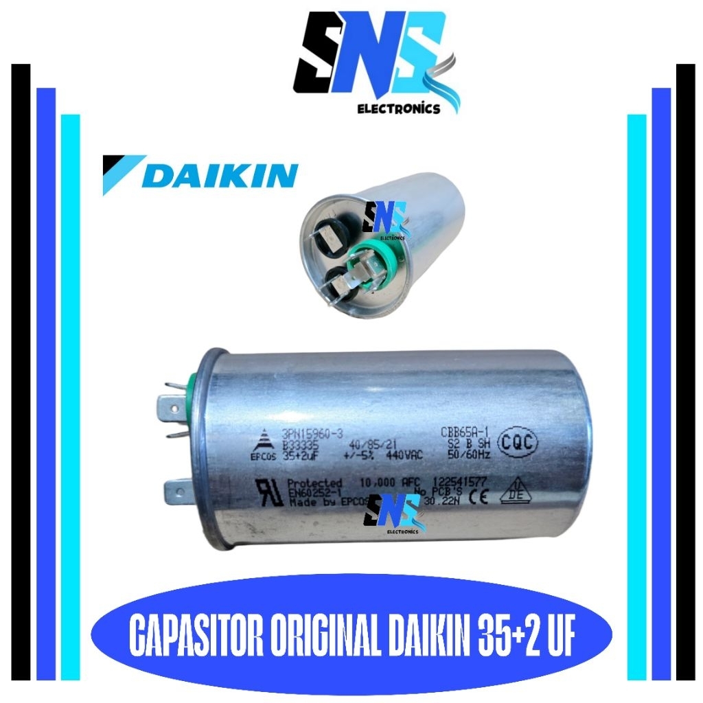 Kapasitor ORIGINAL AC DAIKIN 1,5 PK 35+2 uf  440 VAC - Capasitor AC 1,5PK daikin original 35+2uf  EP