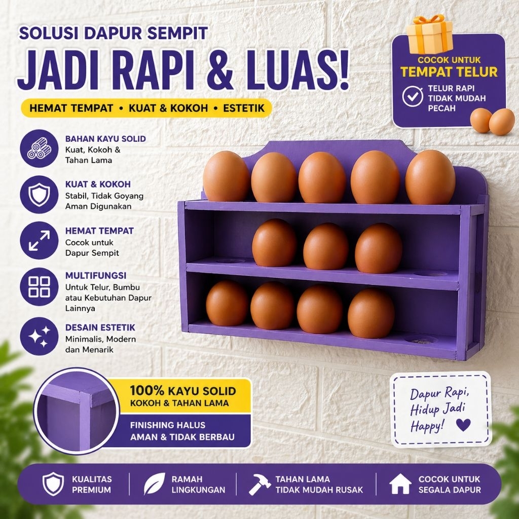 Rak Telor Tempat Telur dari Kayu di gantung di dapur warna Ungu Lilac Wadah Egg Rak Dapur
