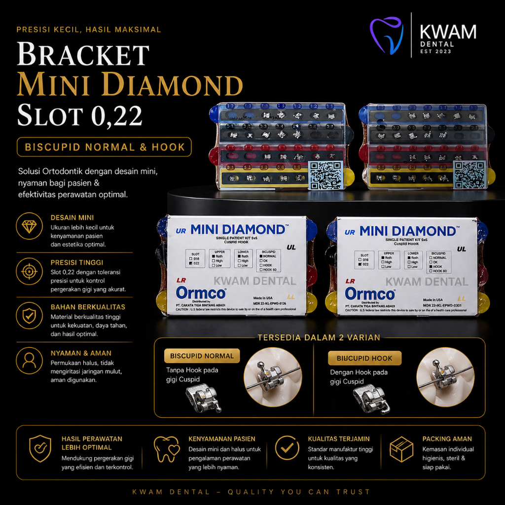 Bracket Mini Diamond Ormco Roth 22 Normal dan Hook Original