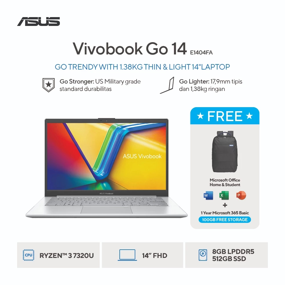 [Best Seller] Asus Vivobook GO 14 E1404FA Amd Ryzen 3 7320U - Ram 8GB 512GB SSD Windows 11 Home + Of