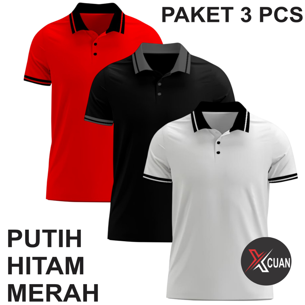 Paket 3 Pcs Kaos Polo Pria Merah Hitam Putih Lengan Pendek Kancing Krah Kombinasi