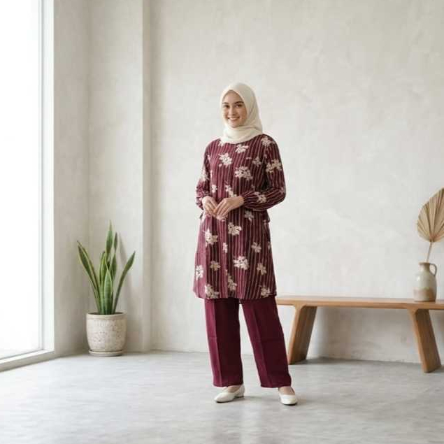 ONE SET CELANA DAN LONG TUNIK RAYON TWILL ARMANY MOTIF BUNGA ASHANA SET-SETELAN CELANA MODEL TERBARU