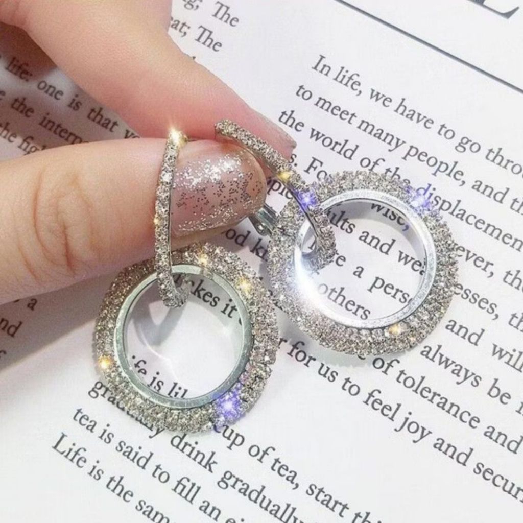 Anting berlian imitasi anting pesta aksen permata berlian mewah anting fashion korea model hoop ling
