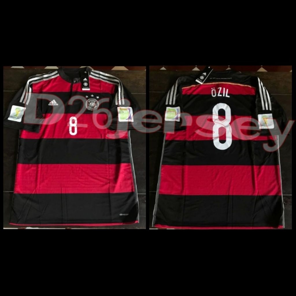 Jersey RETRO Jerman Away 2014 + Cetak Nama Nameset OZIL 8 / Custom suka suka Font OFFICIAL + Patch