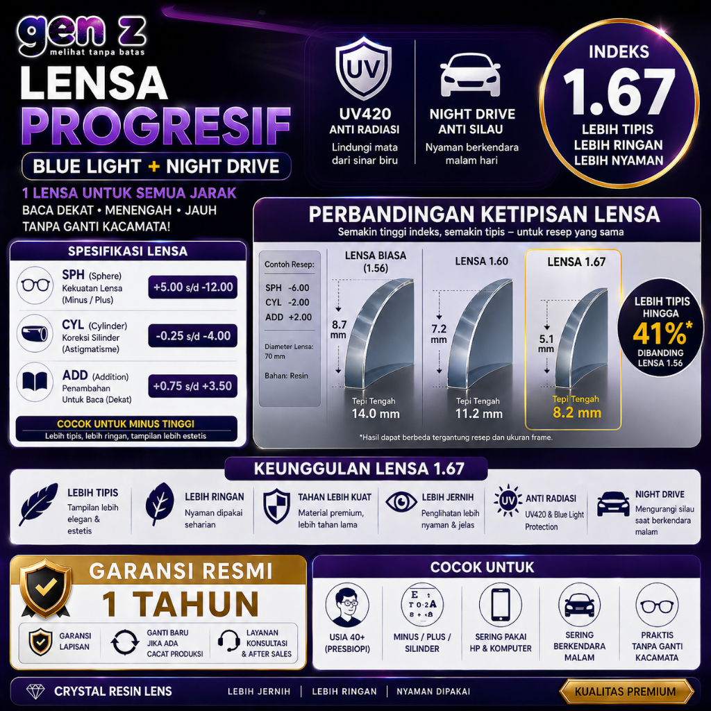 Lensa Tipis Kacamata Progresif Gen Z 1.67 Blue Light + Night Vision | Anti Radiasi | Blueray | Garan