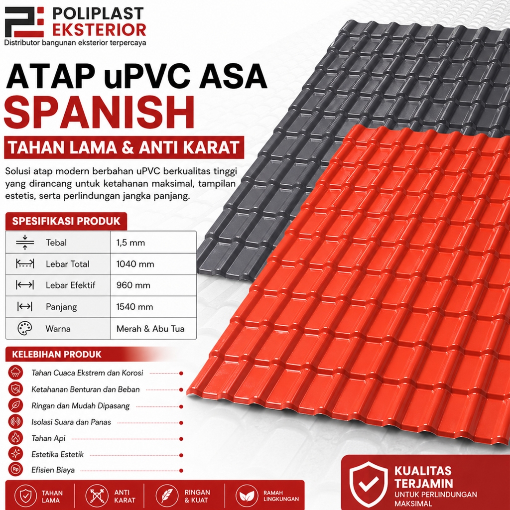Atap uPVC ASA Spanish Poliplast Eksterior Tebal 1.5mm Lebar 1040mm Genteng uPVC Anti Karat Ringan Ta