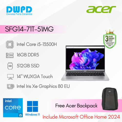 Notebook Acer Swift Go SFG14-71T-51MG Intel Core i5-13500H 16GB LPDDR5 512GB SSD 14inch WUXGA Touchs