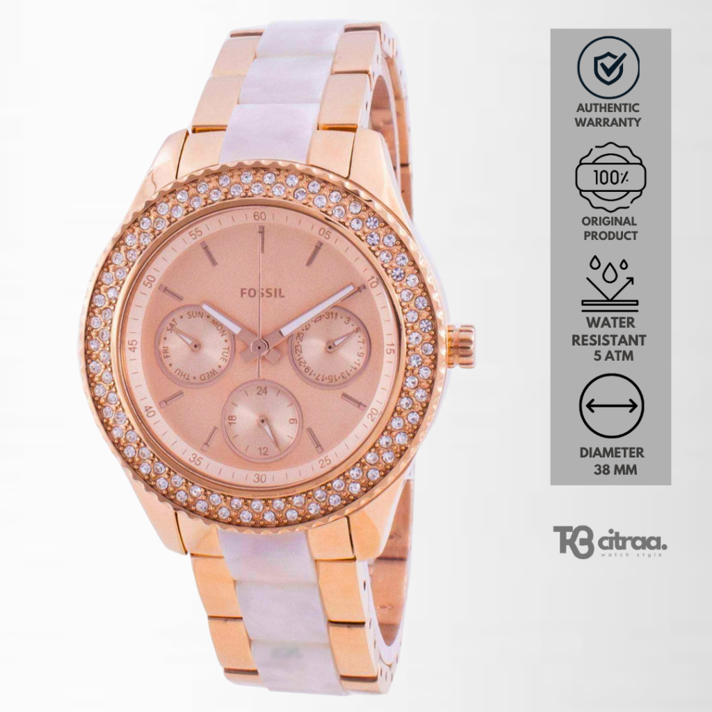 Jam Tangan Wanita Fossil Stella Chronograph Rose Gold Stainless Steel Mewah Original ES4755