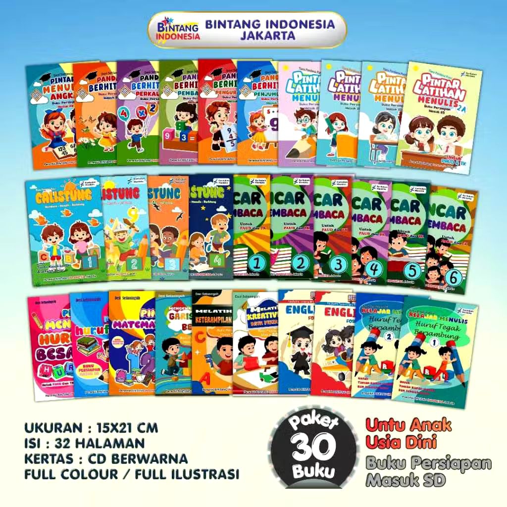 Bintang Indonesia - Paket 30 Buku Edukasi Anak PAUD-TK , Buku Persiapan Masuk SD