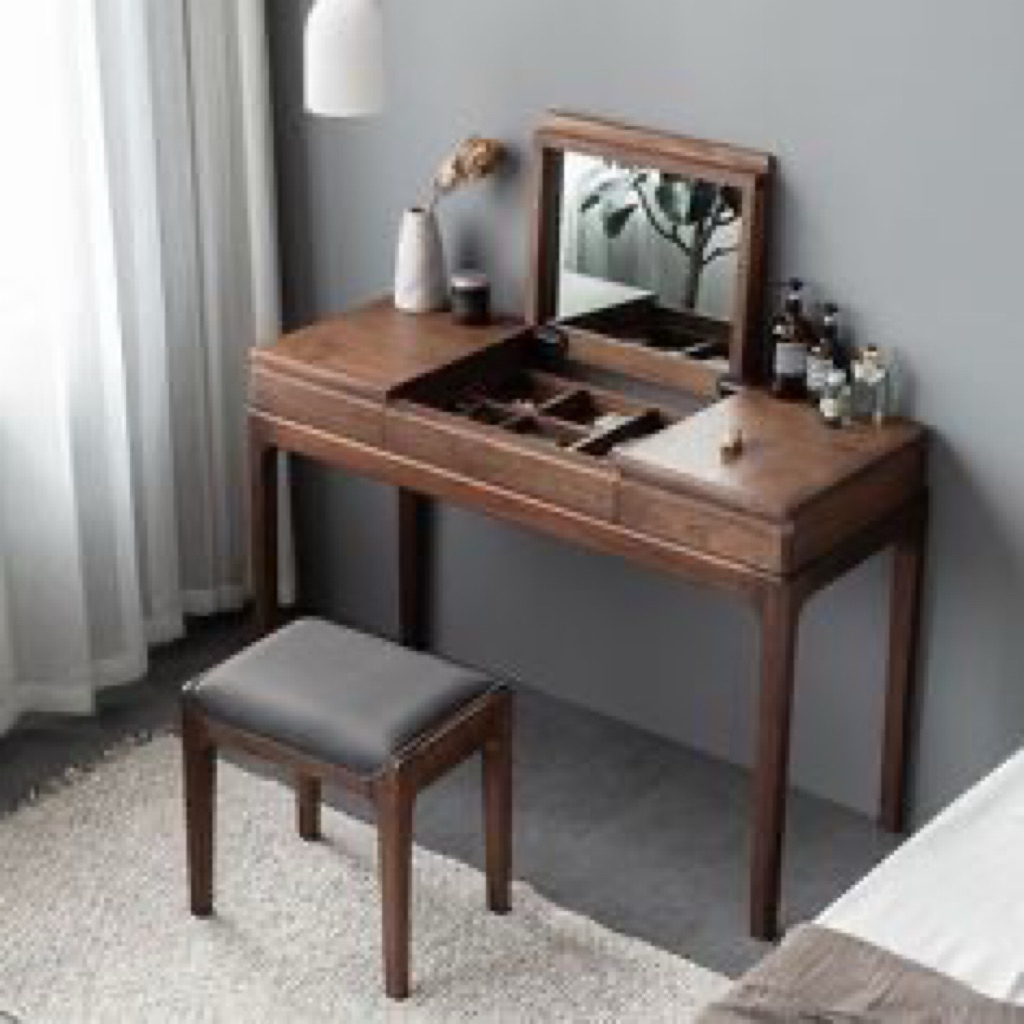 Meja Rias Kayu Jati Minimalis Modern - Meja Kosmetik Flip Top Mirror Multifungsi Kualitas Premium - 