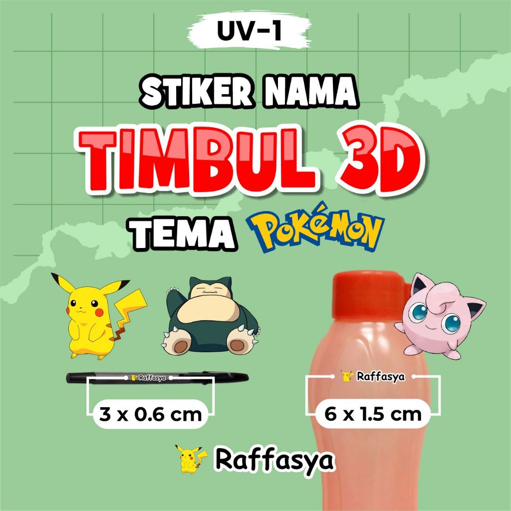 UV1 Stiker Label Timbul Cetak Nama Anak Tema Pokemon untuk Alat Tulis Buku Botol