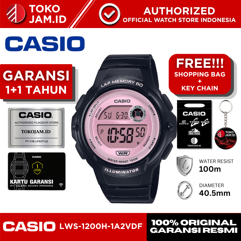 Jam Tangan Wanita Casio LWS-1200H-1A2VDF Original Digital Black Pink Sport Running LED Alarm Stopwat