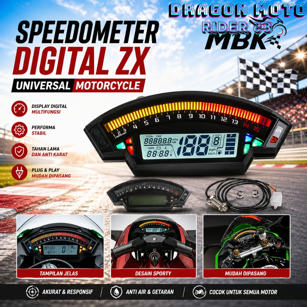 Speedometer Digital LCD LED Model ZX Universal Motor Matic Sport Trail Plug & Play MBK