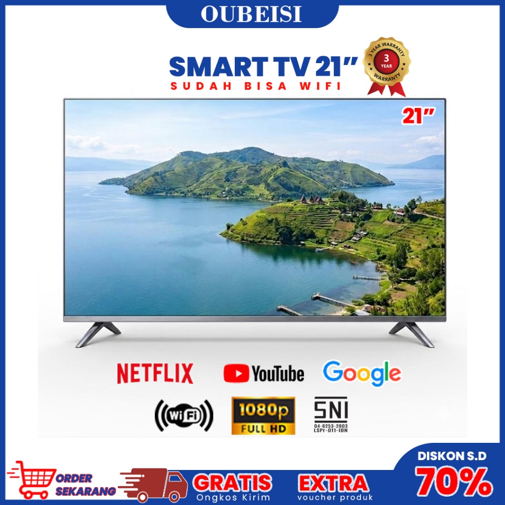 OUBEISI TV LED 21 Inch Smart TV Android 11.0 FHD 1920x1080 Resolusi HDMI VGA USB 2 Speaker Internal 
