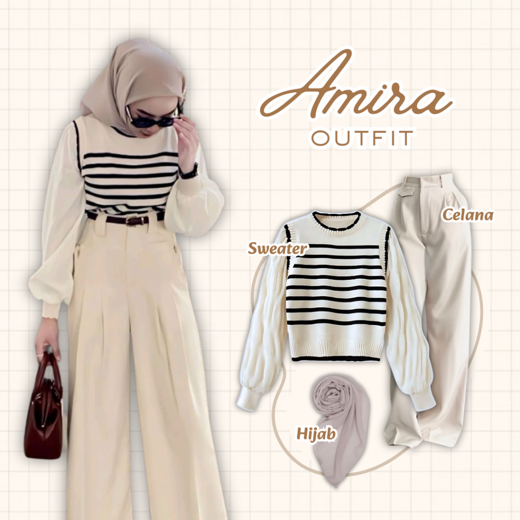 One Set Hijab Amira 3in1 / Setelan Wanita Kekinian / Outfit Nongkrong / Outfit Ngampus / Sweater Raj