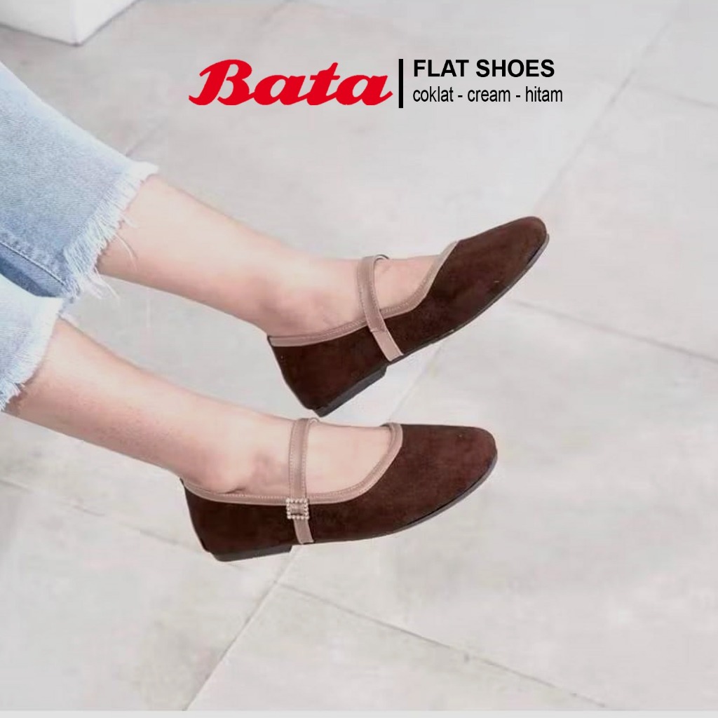 Bata Flat Shoes Tali Sude Bludru Strap Hak Rendah Sepatu Kasual Formal Wanita