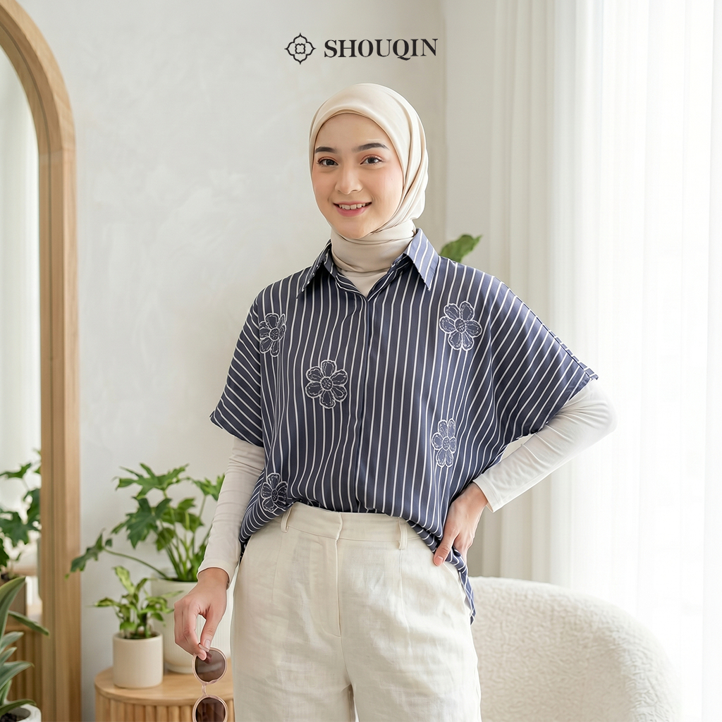 SHOUQIN Amber Shirt - Kemeja Blouse Motif Garis Wanita Casual Premium