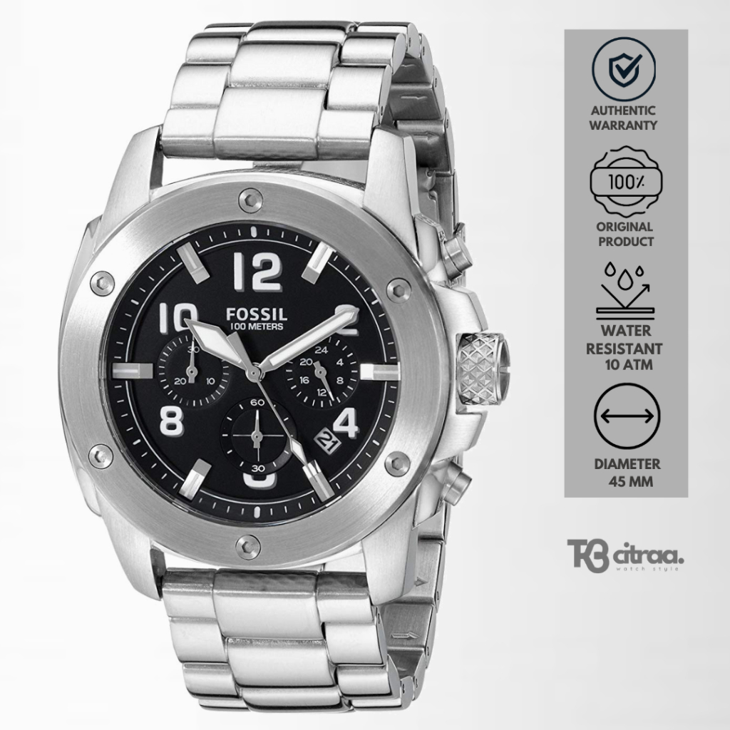 Jam Tangan Pria Fossil Modern Machine Chronograph Silver Stainless Steel Black Dial Sporty Mewah Ori