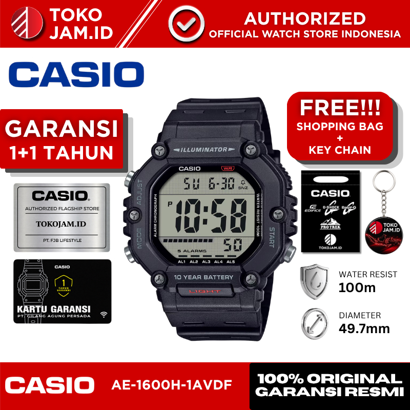 Jam Tangan Pria Casio AE-1600H-1AVDF Original Digital Black Sporty LED Alarm Stopwatch Timer World T