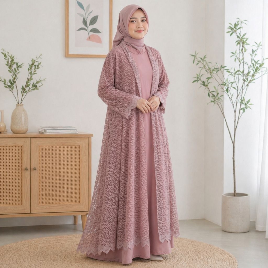 velrose brokat Gamis Wanita Set 2in1 Brokat Outer Cardigan + Inner Dress Muslimah Elegan Kondangan