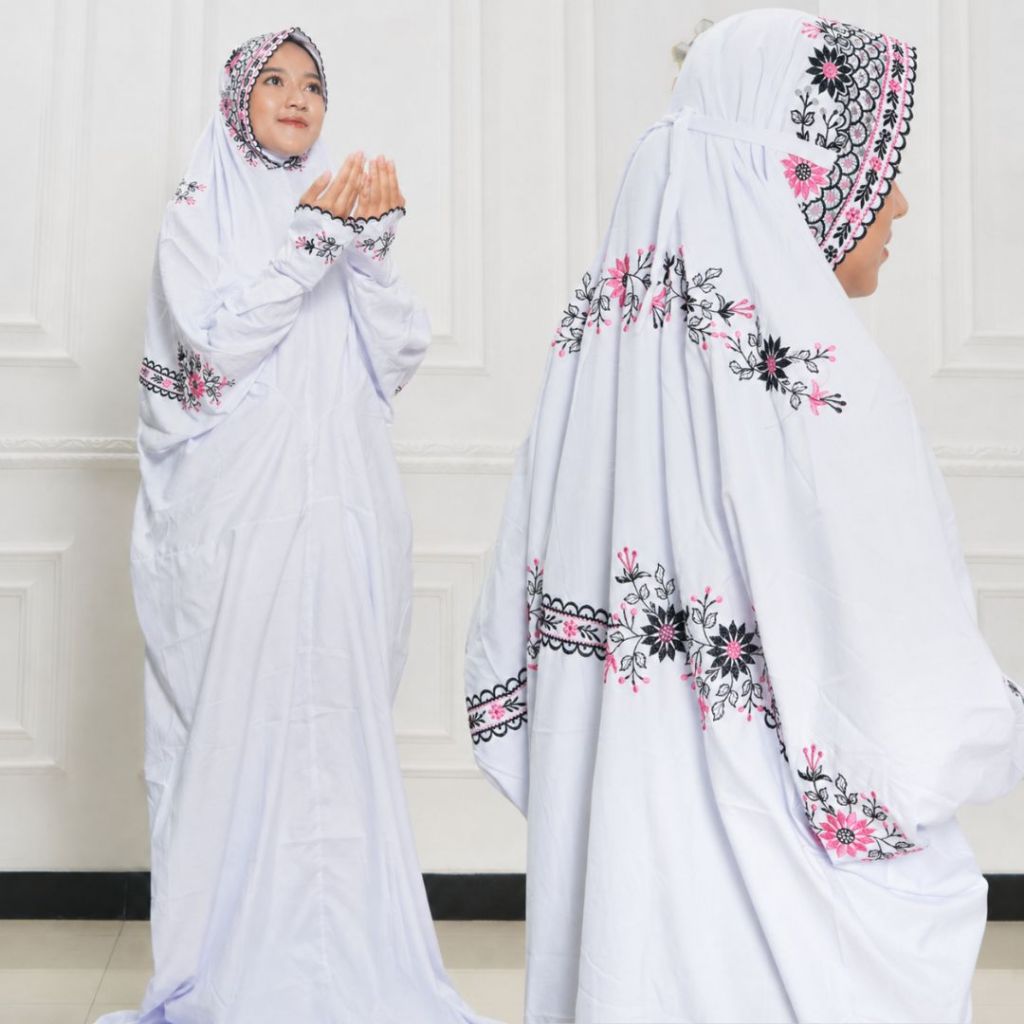 Mukena Wanita Terusan Putih Bordir Katun Mikro Adem
