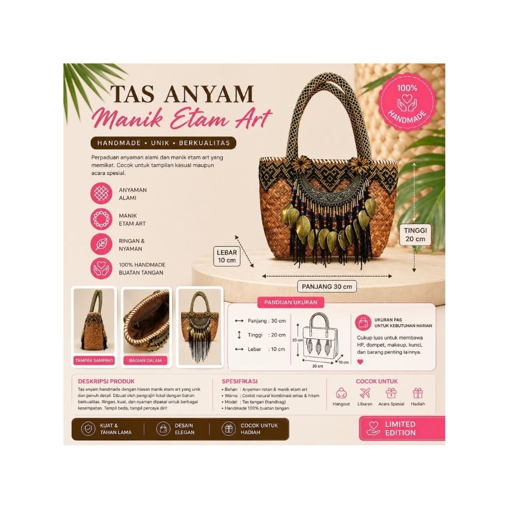 Tas Anyaman Etnik Dayak Handmade Premium |Tas Wanita Unik Manik Etam Art Kalimantan