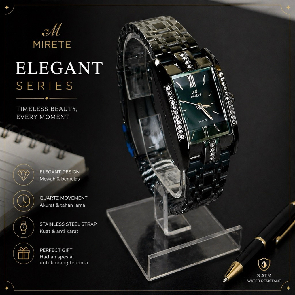 Jam Tangan Wanita MIRETE 315 Black Elegan | Stainless Steel Mewah | Fashion Cewek Quartz