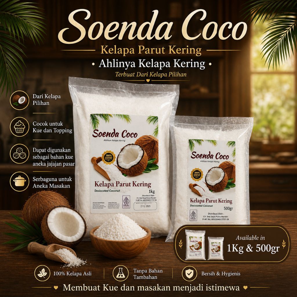 Soenda Coco Kelapa Parut Kering 1Kg / 500gr | Desiccated Coconut Premium | Kelapa Kering Halus untuk