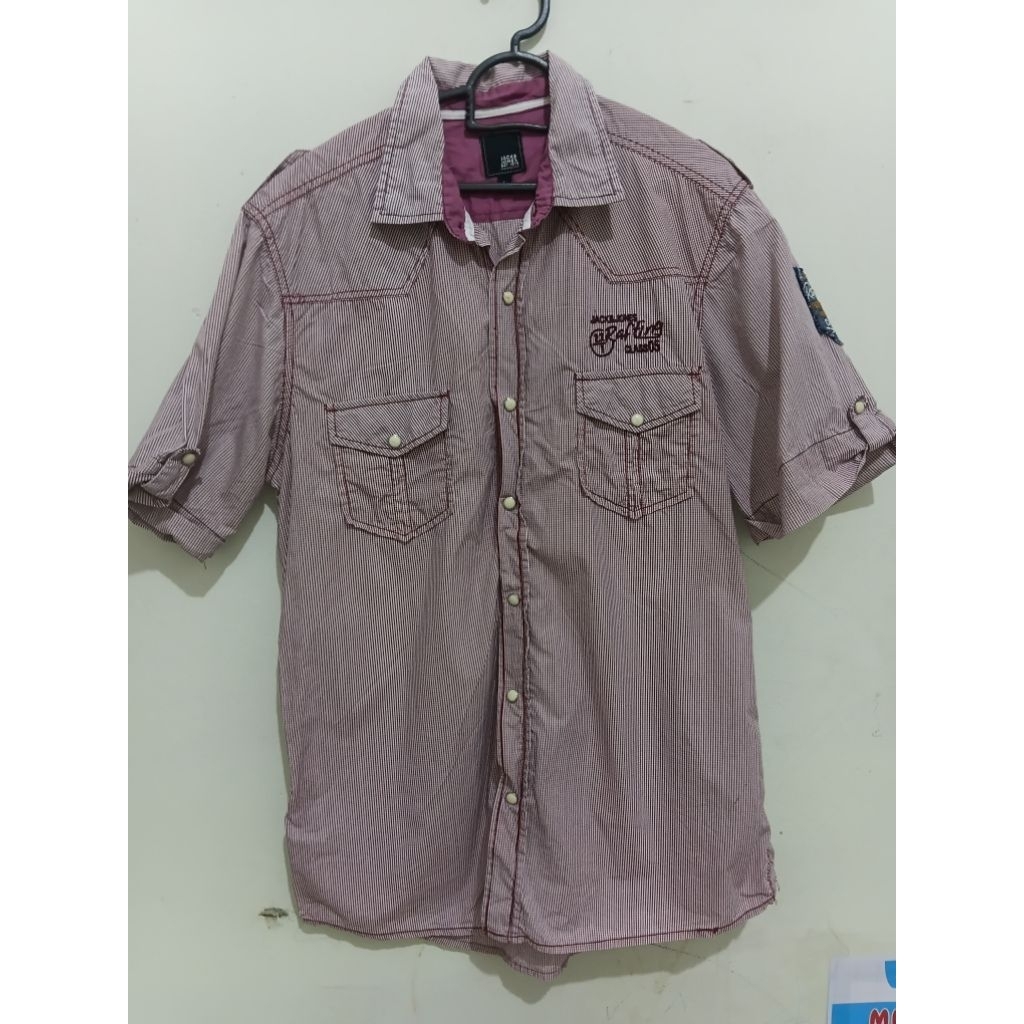 Preloved kemeja unisex pria/wanita merah maroon garis kotak vintage brand JACK & JONES EST. 1975 siz