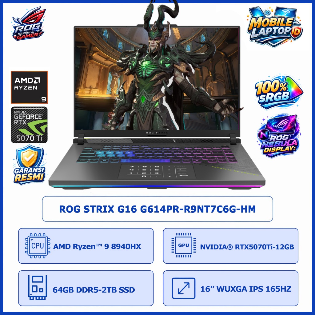 Laptop Asus ROG Strix G16 G614PR RTX5070Ti Ryzen 9 8940HX 64GB 2TB 16" 165Hz 100%sRGB Windows 11+OHS