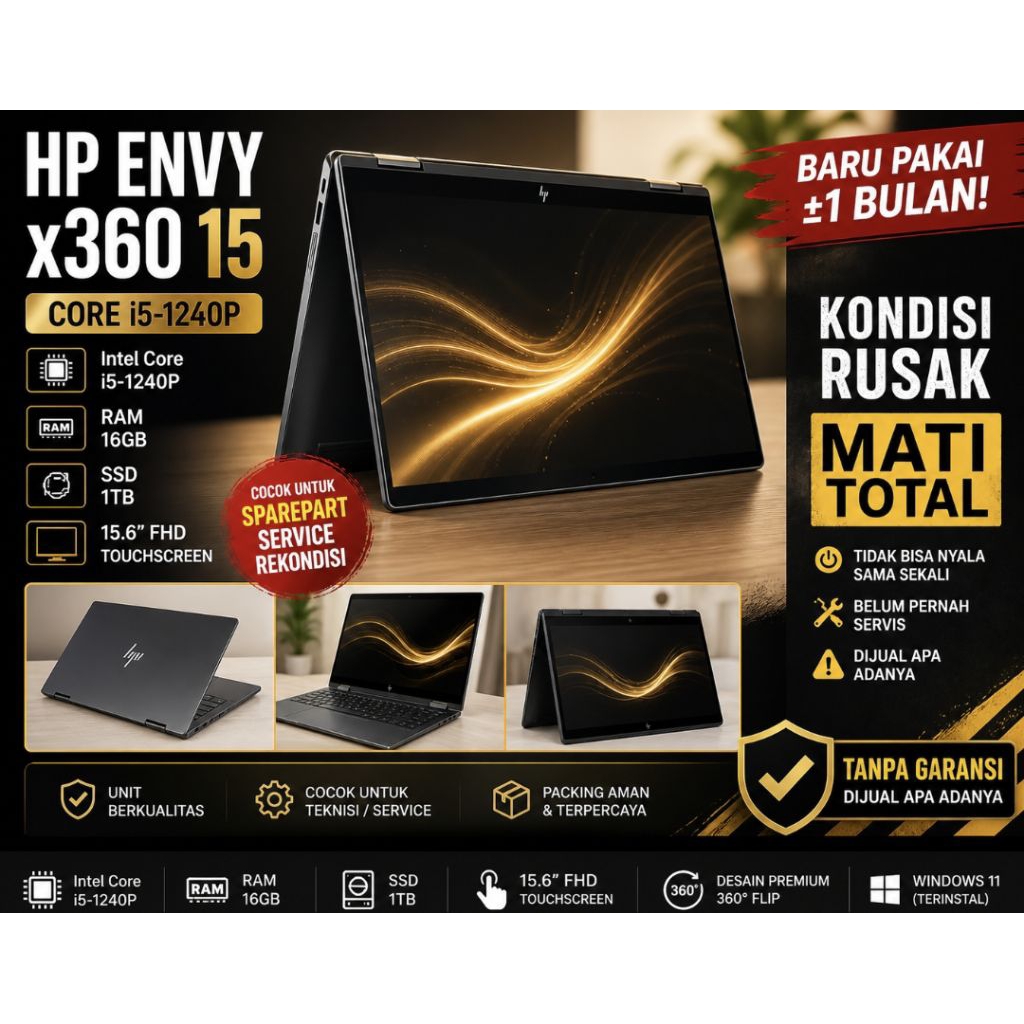 HP Envy x360 15 i5 1240P RAM 16GB SSD 1TB – Kondisi Tidak Menyala, Pemakaian Singkat