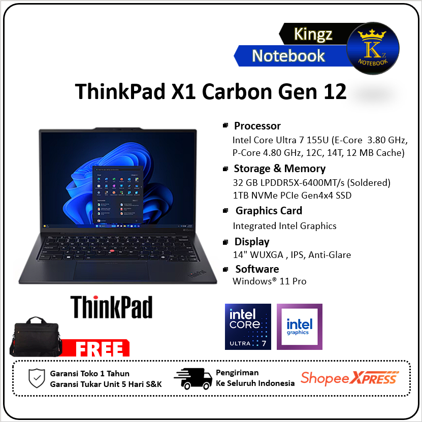 ThinkPad X1 Carbon Gen 12 Ultra 7 155U 32GB 1TB SSD WIn11 14" WUXGA